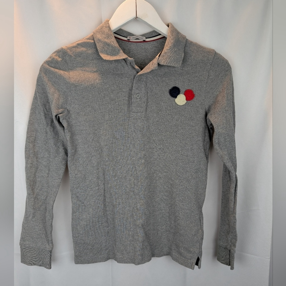 Moncler Gray Long Sleeve Polo Shirt with Colorful Patch Size 12 In VGUC